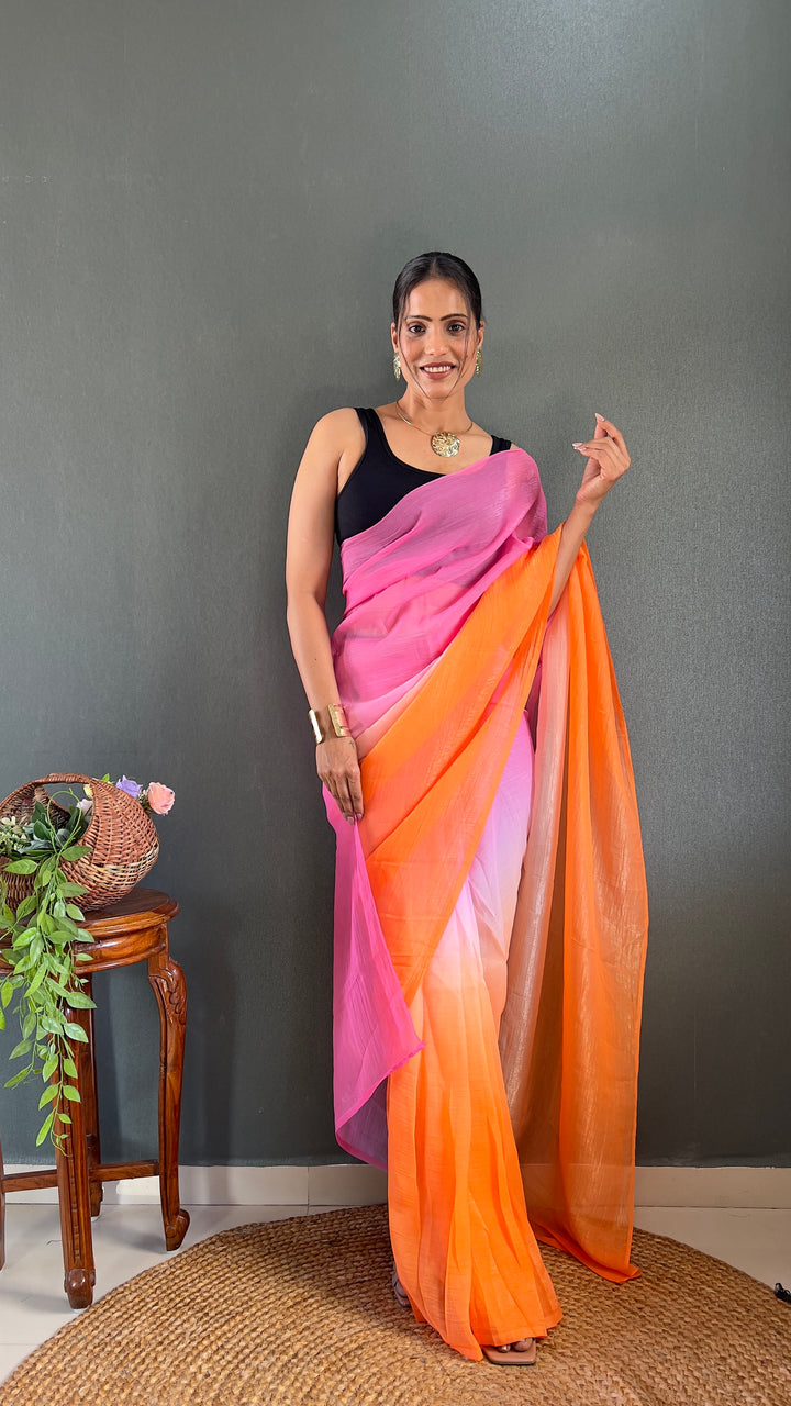 Pink-Orange Color Naylon Saree On Padding Print With Beautiful Blouse