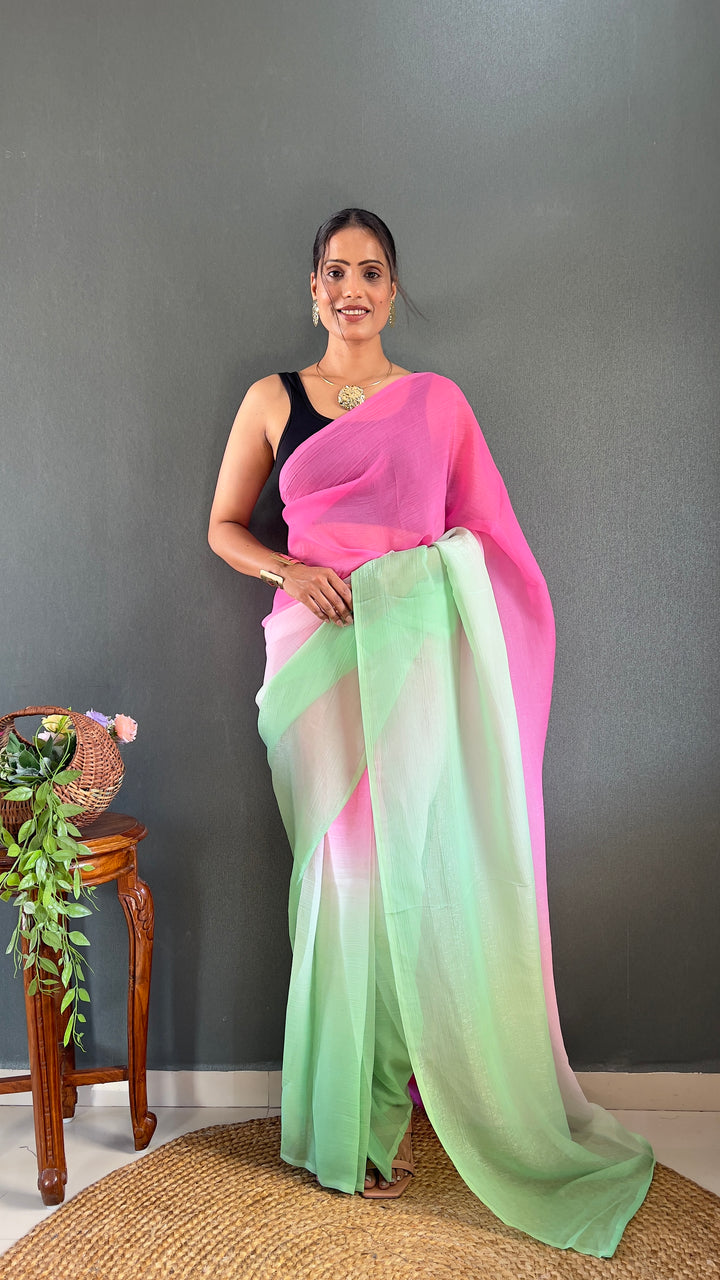 Pink-Green Color Naylon Saree On Padding Print With Beautiful Blouse