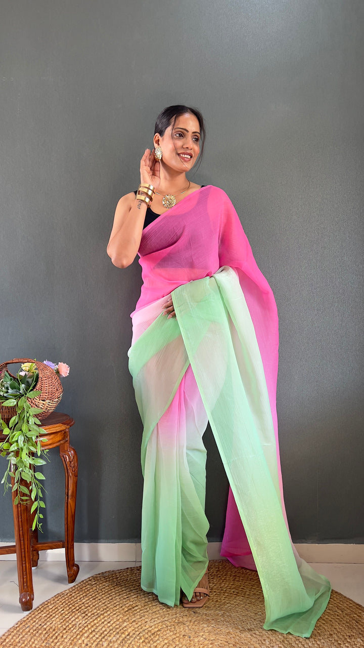 Pink-Green Color Naylon Saree On Padding Print With Beautiful Blouse