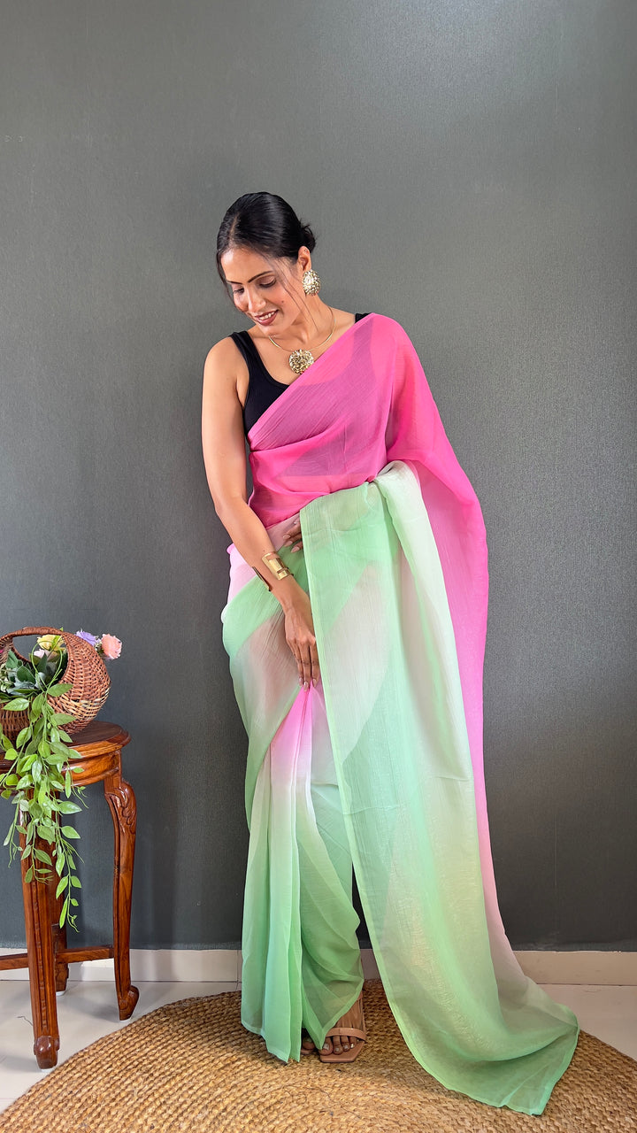 Pink-Green Color Naylon Saree On Padding Print With Beautiful Blouse