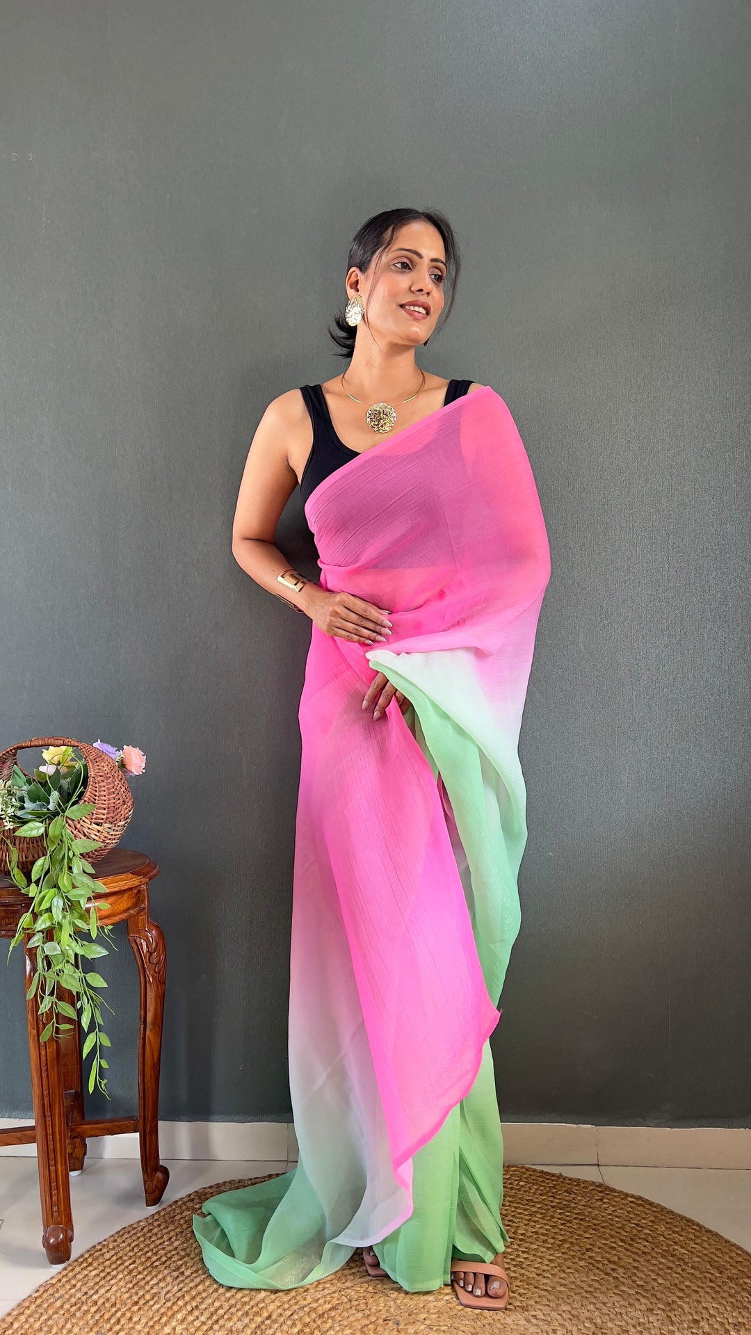 Pink-Green Color Naylon Saree On Padding Print With Beautiful Blouse