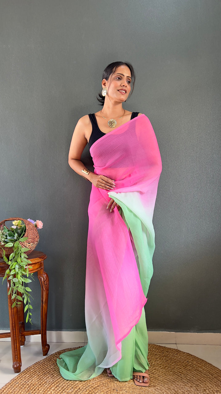 Pink-Green Color Naylon Saree On Padding Print With Beautiful Blouse