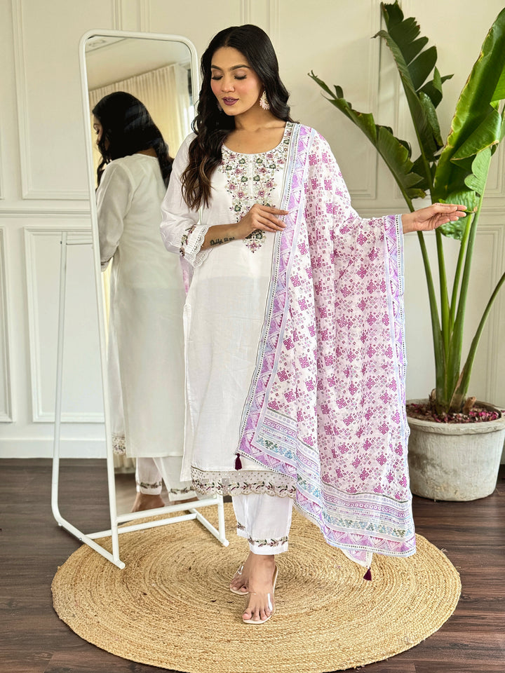 White Color Viscose Chanderi Embroidered Straight  Kurta with Pant And Dupatta Sets