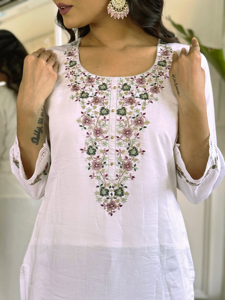 White Color Viscose Chanderi Embroidered Straight  Kurta with Pant And Dupatta Sets