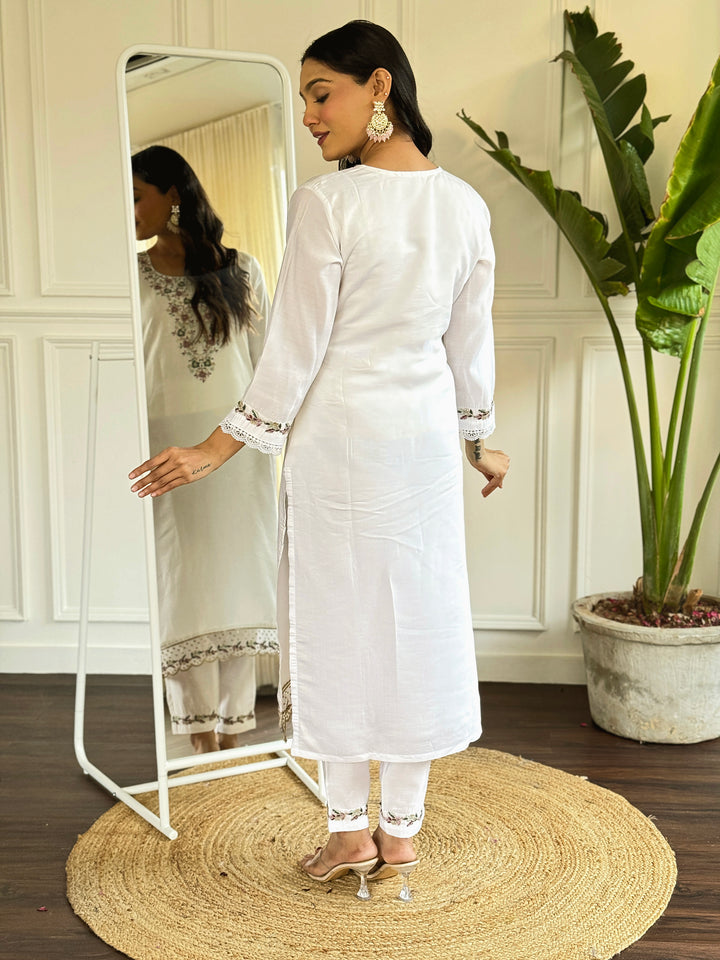 White Color Viscose Chanderi Embroidered Straight  Kurta with Pant And Dupatta Sets