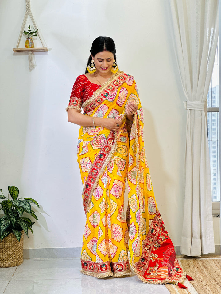 Elegance Yellow Traditional Bandhani Print Patola Party Wear Saree