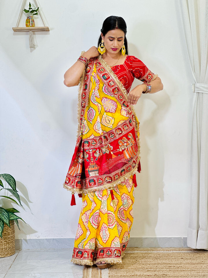 Elegance Yellow Traditional Bandhani Print Patola Party Wear Saree