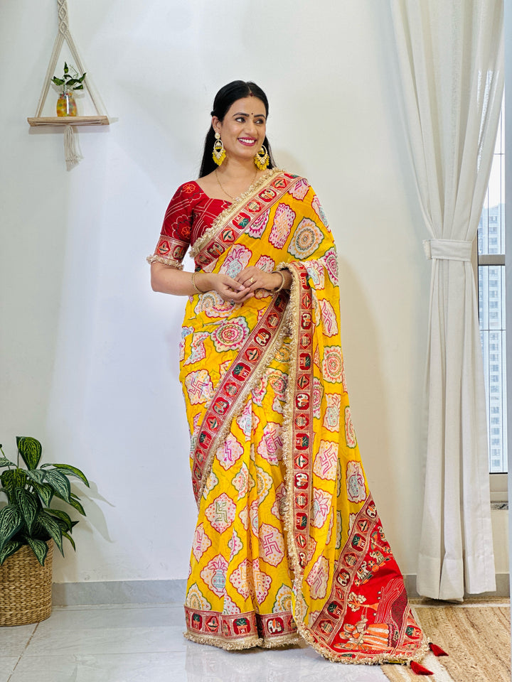 Elegance Yellow Traditional Bandhani Print Patola Party Wear Saree