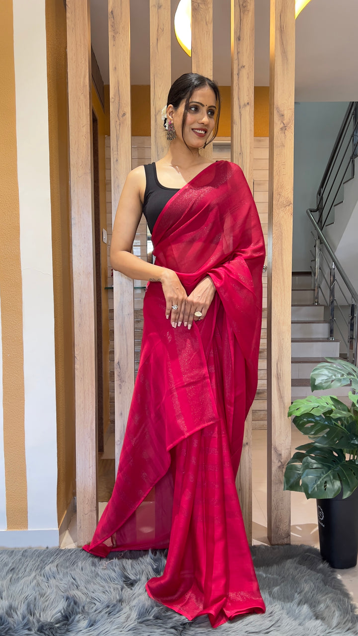 Pink Color Nylone Rimzim Saree With Beautiful Blouse