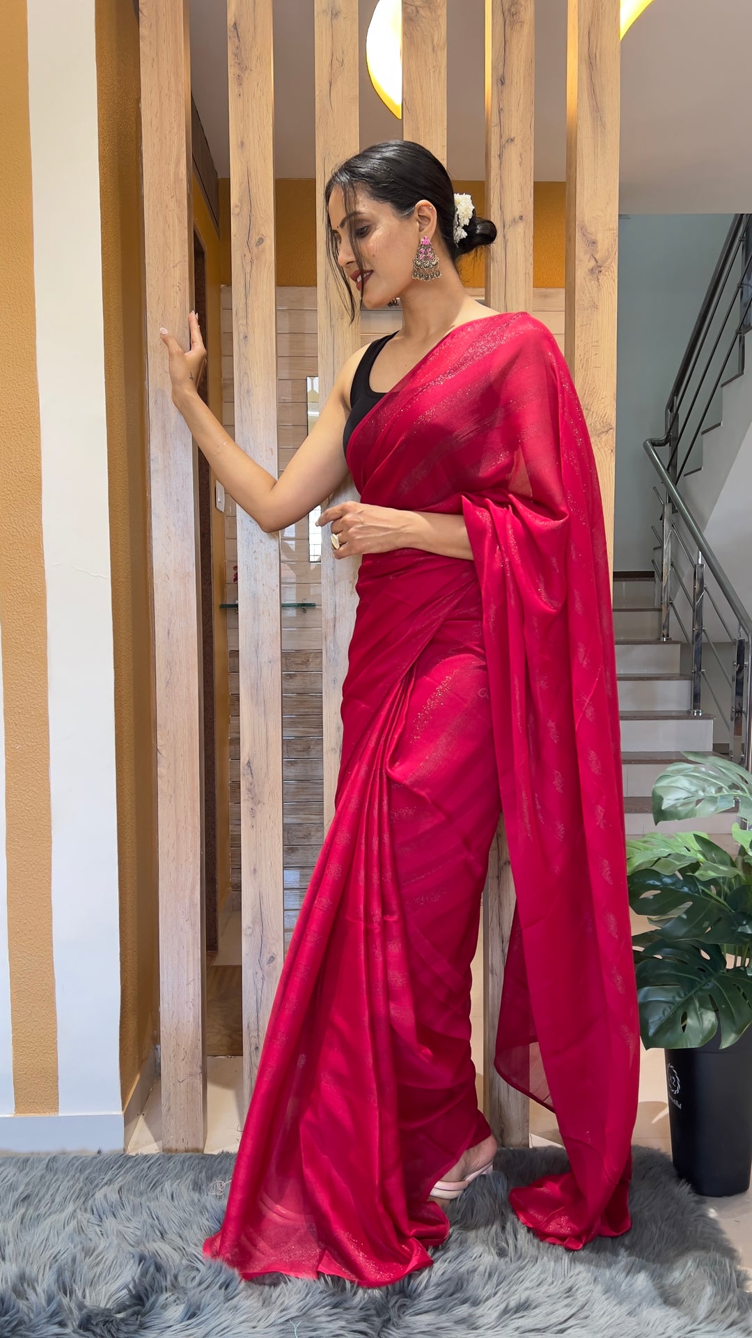 Pink Color Nylone Rimzim Saree With Beautiful Blouse