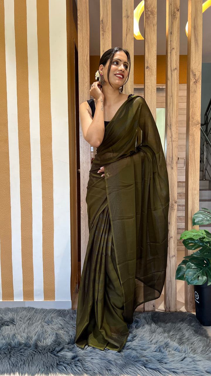 Mehendi Color Nylone Rimzim Saree With Beautiful Blouse