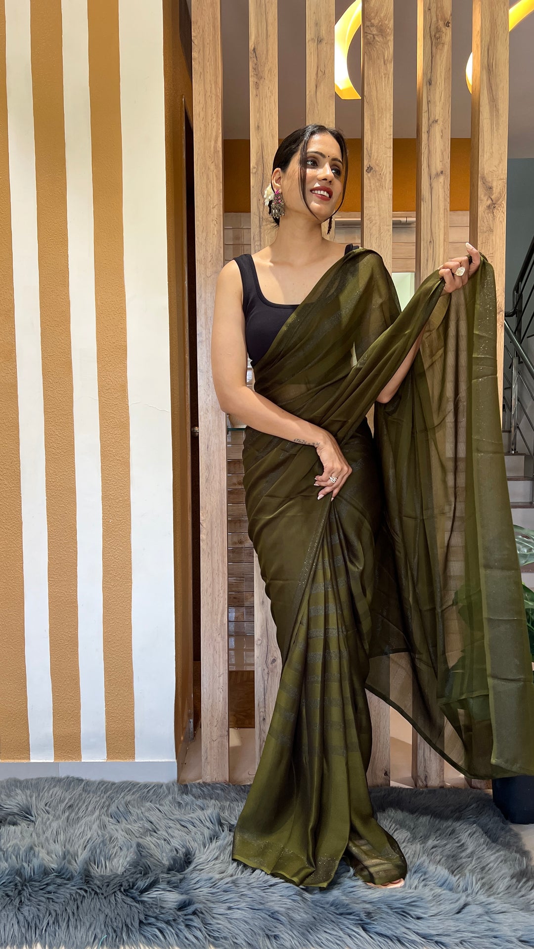 Mehendi Color Nylone Rimzim Saree With Beautiful Blouse