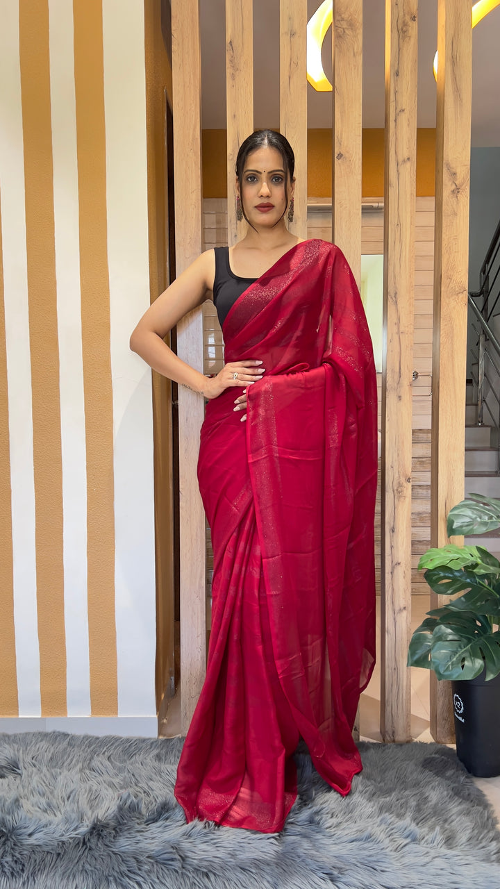 Red Color Nylone Rimzim Saree With Beautiful Blouse