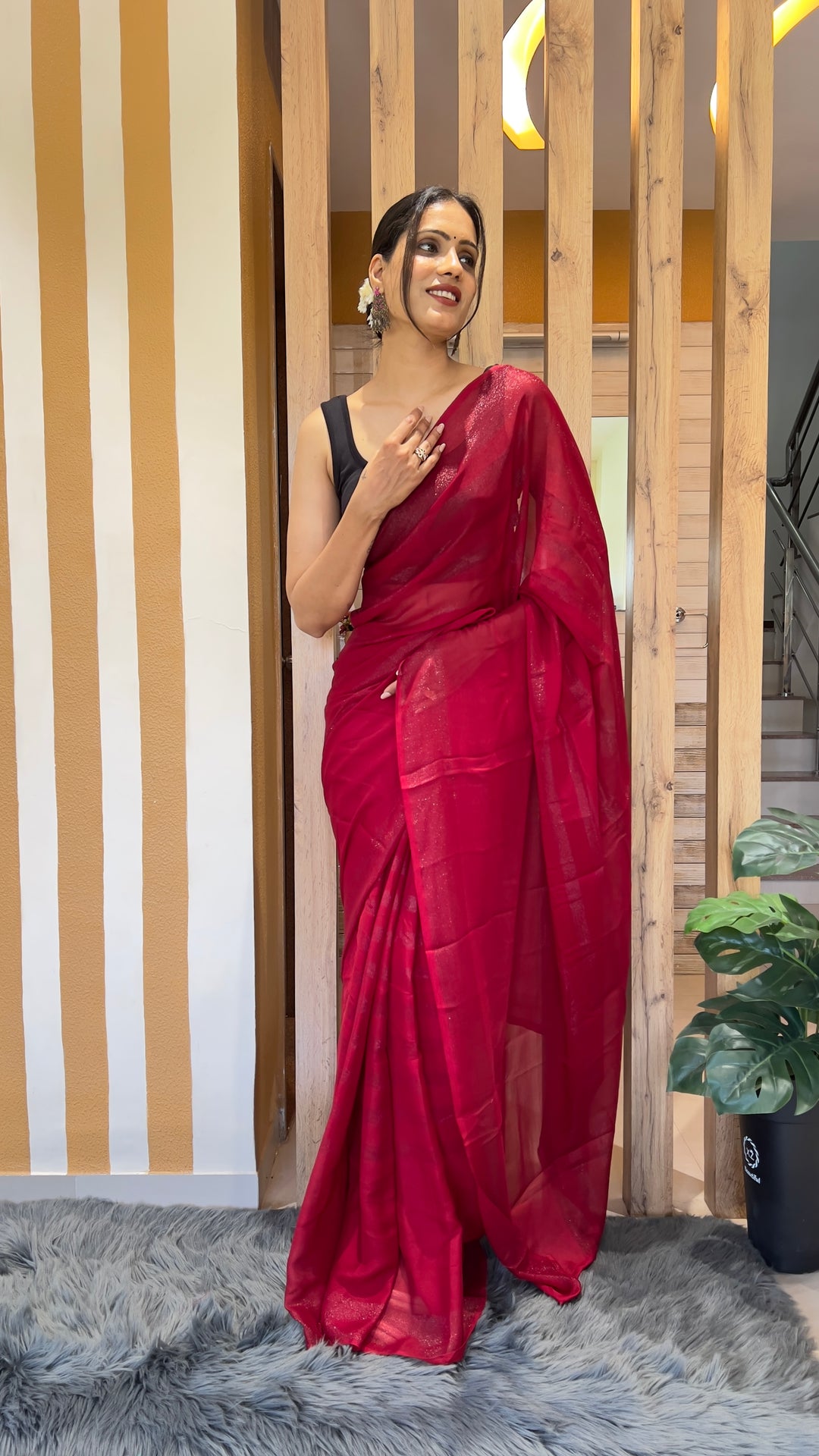 Red Color Nylone Rimzim Saree With Beautiful Blouse