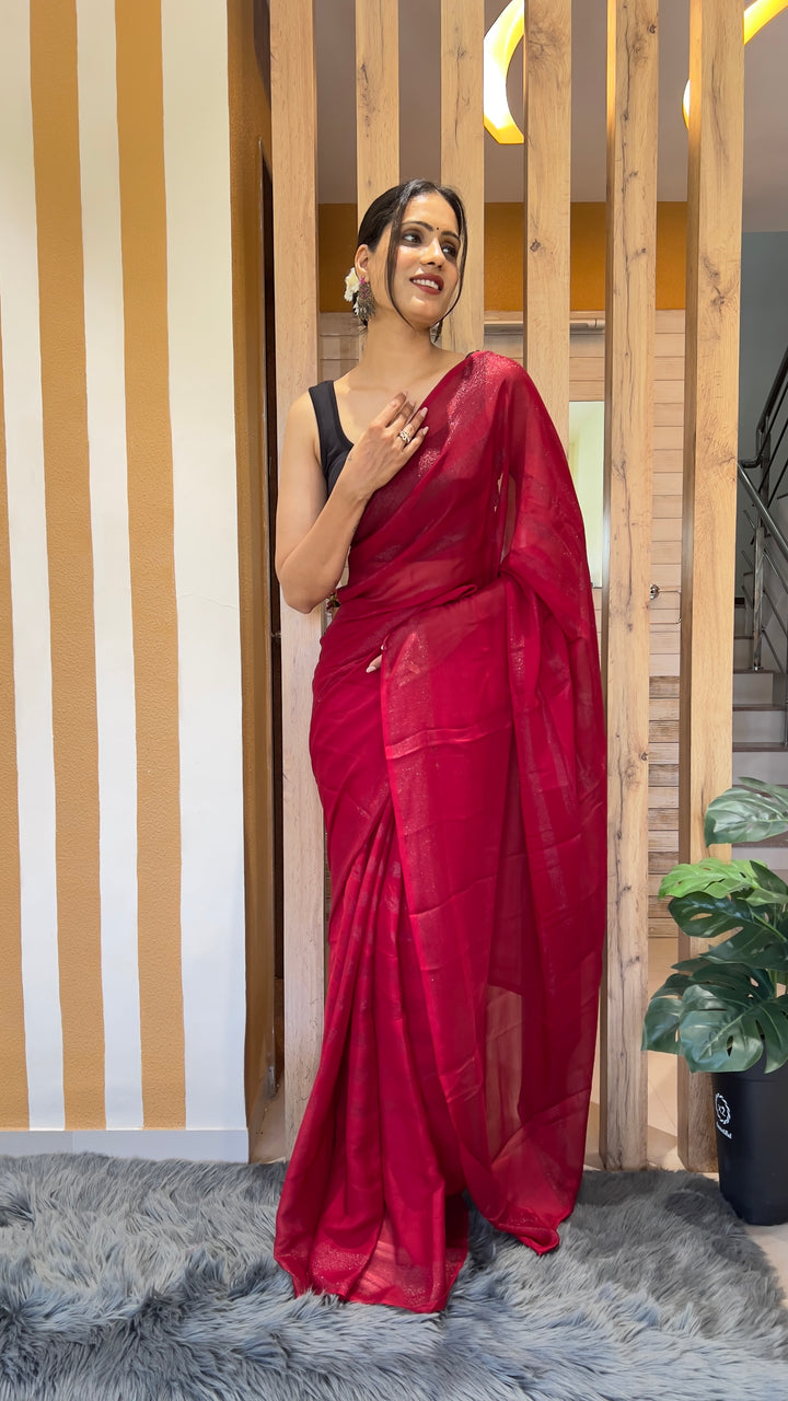 Red Color Nylone Rimzim Saree With Beautiful Blouse