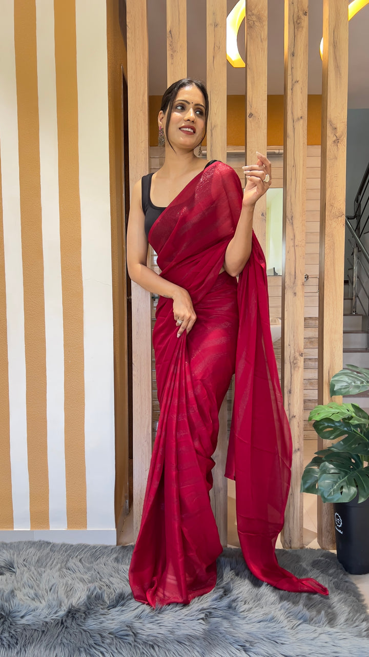 Red Color Nylone Rimzim Saree With Beautiful Blouse