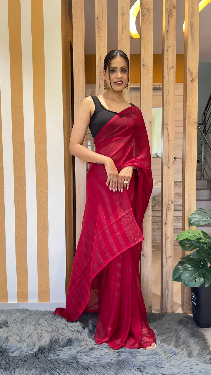 Red Color Nylone Rimzim Saree With Beautiful Blouse