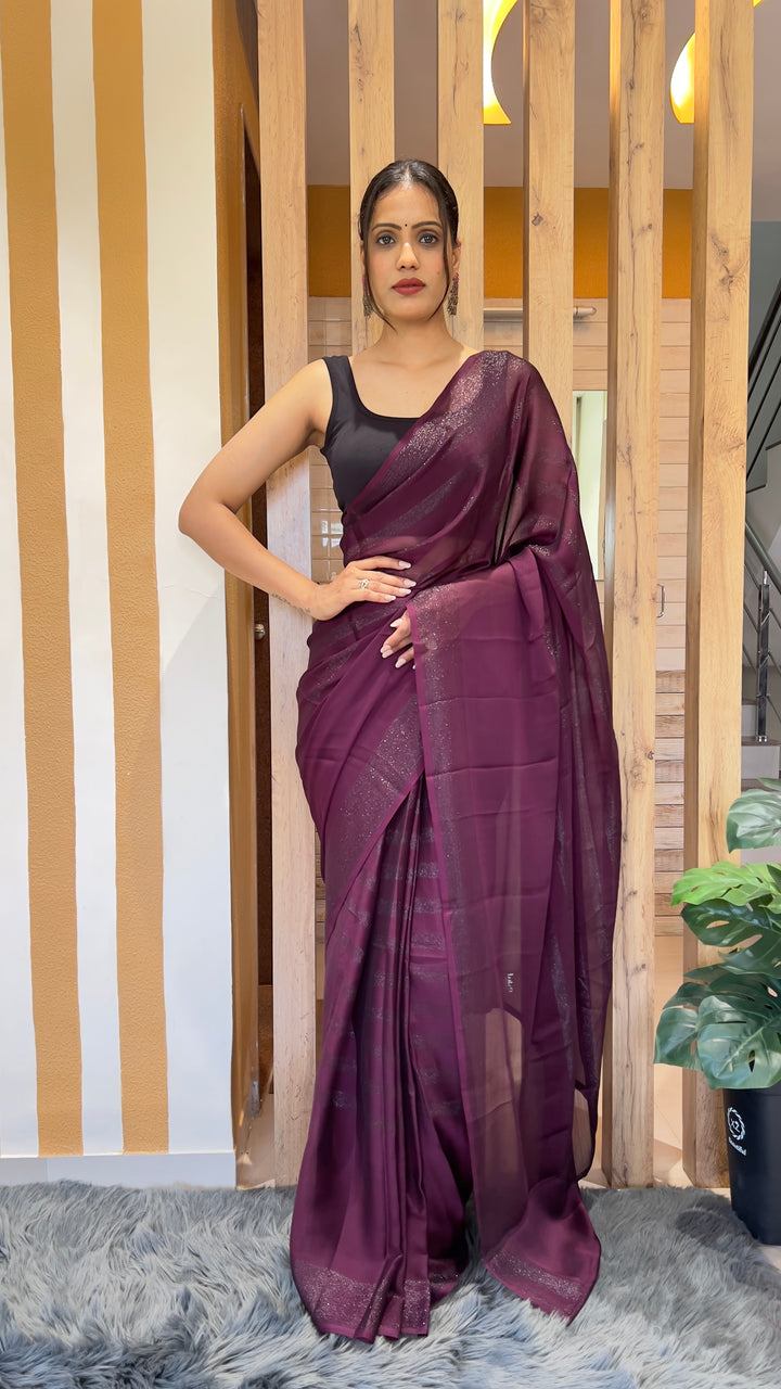 Dark Purple Color Nylone Rimzim Saree With Beautiful Blouse