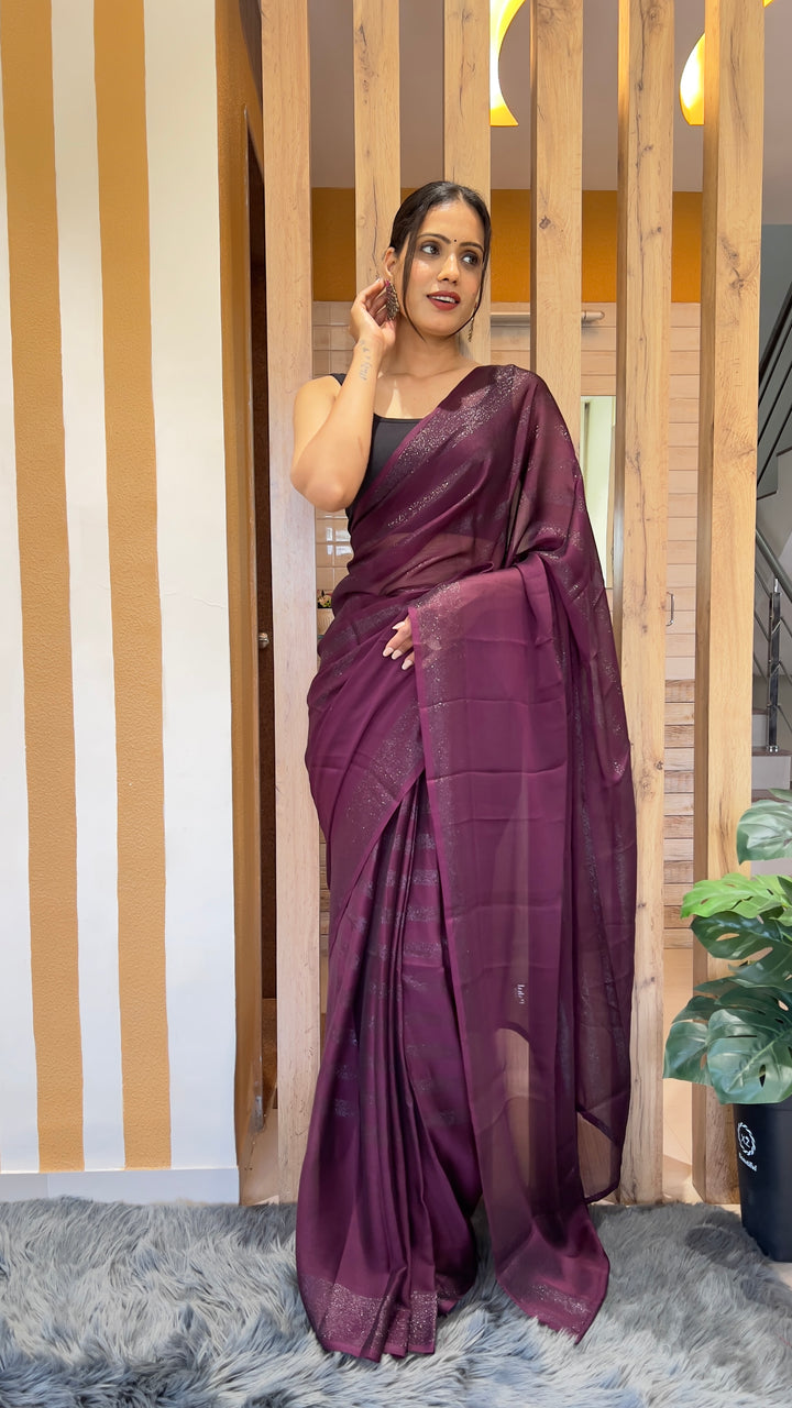 Dark Purple Color Nylone Rimzim Saree With Beautiful Blouse