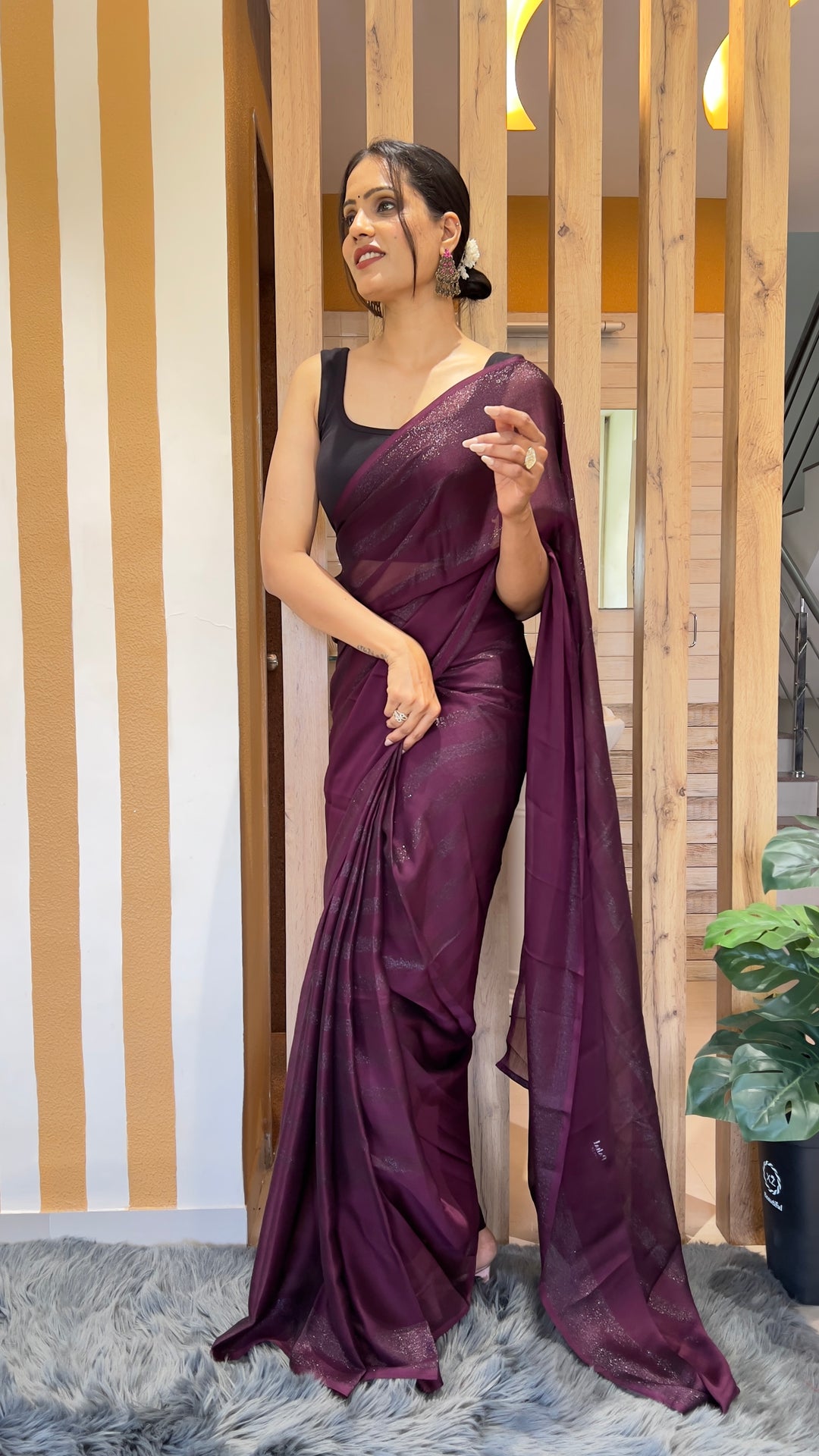 Dark Purple Color Nylone Rimzim Saree With Beautiful Blouse