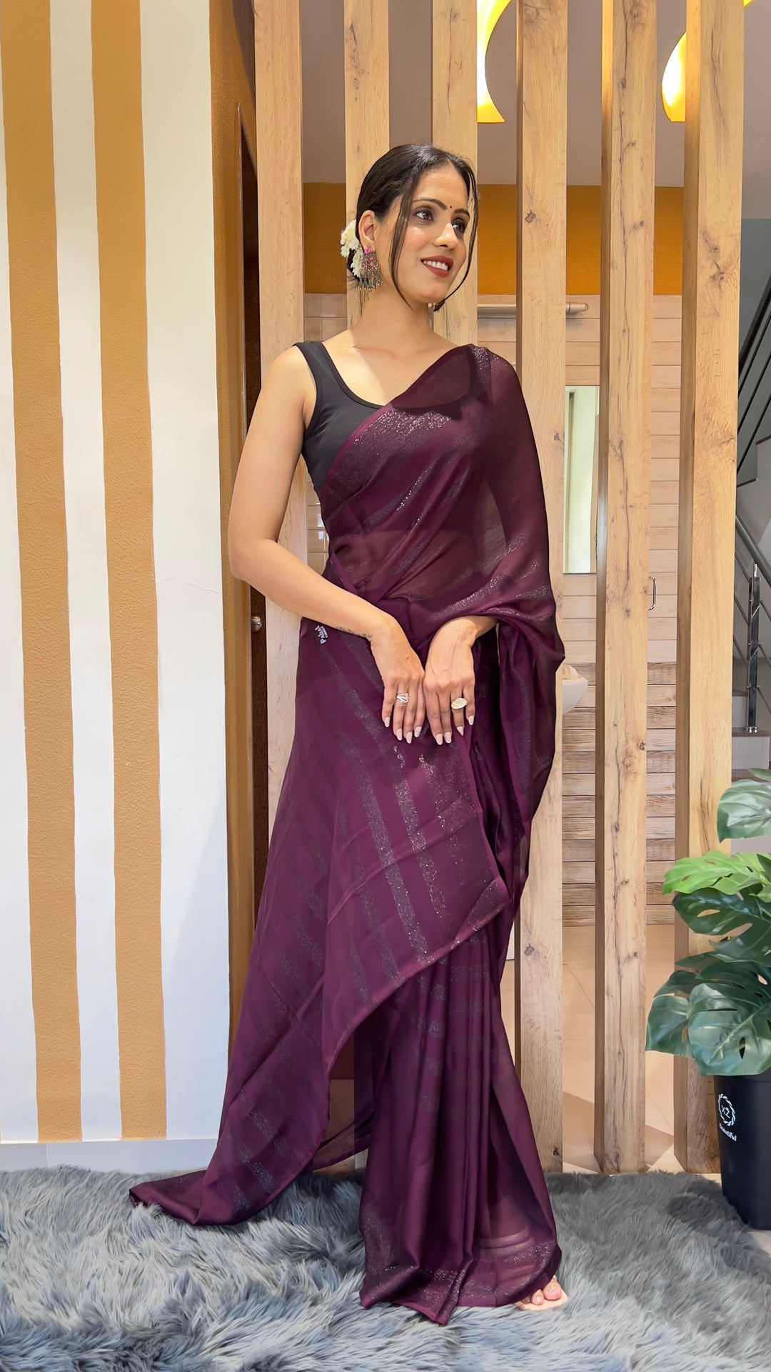 Dark Purple Color Nylone Rimzim Saree With Beautiful Blouse