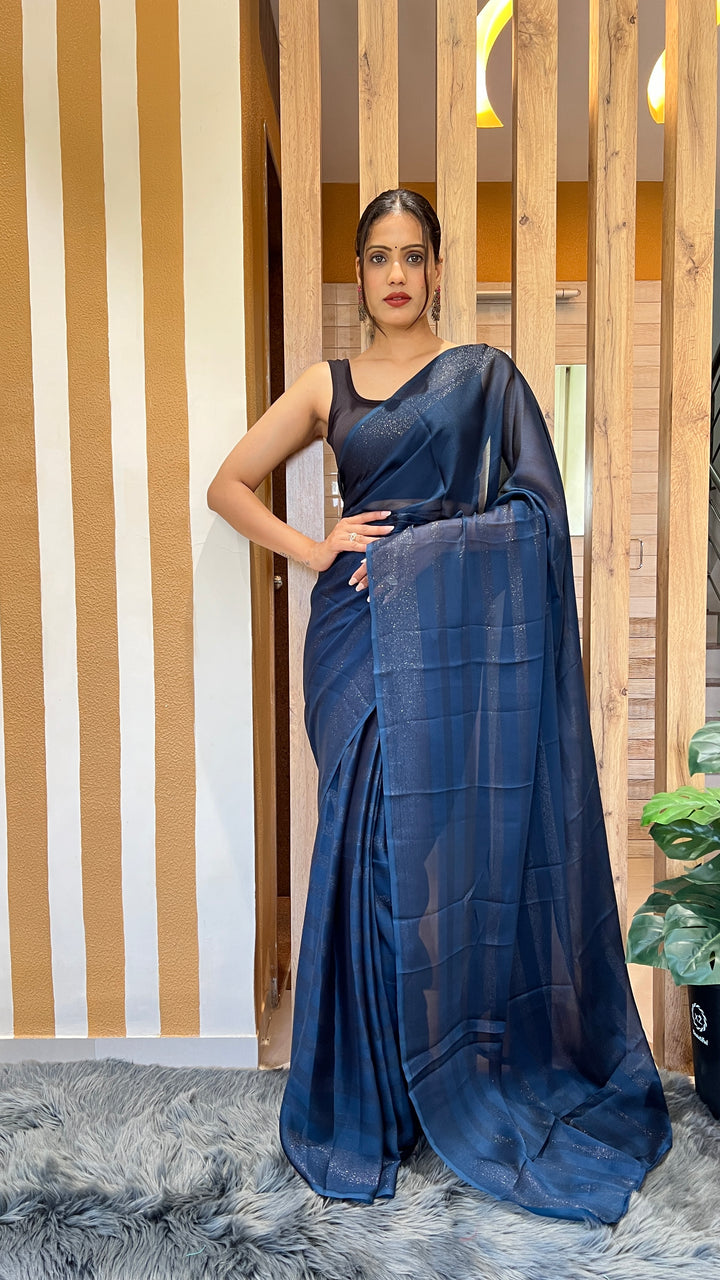 Blue Color Nylone Rimzim Saree With Beautiful Blouse