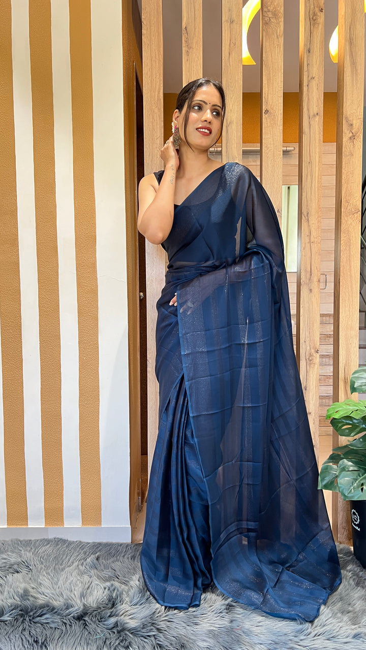 Blue Color Nylone Rimzim Saree With Beautiful Blouse