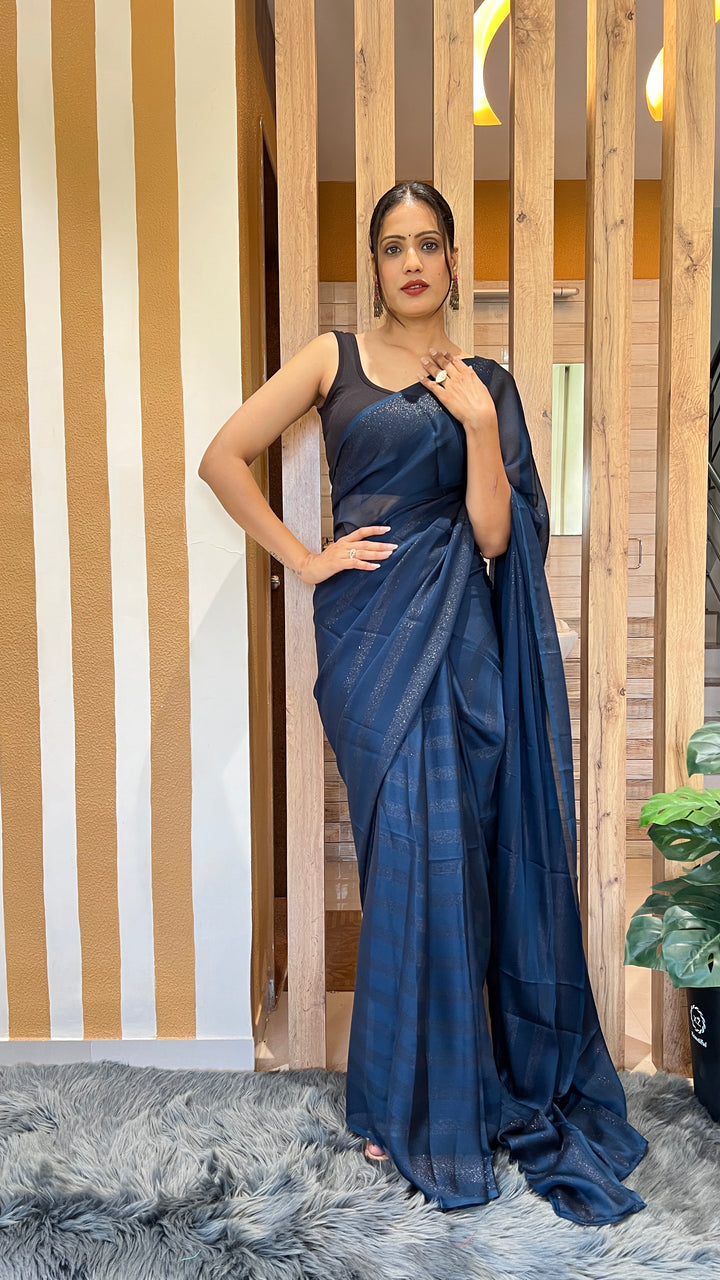 Blue Color Nylone Rimzim Saree With Beautiful Blouse