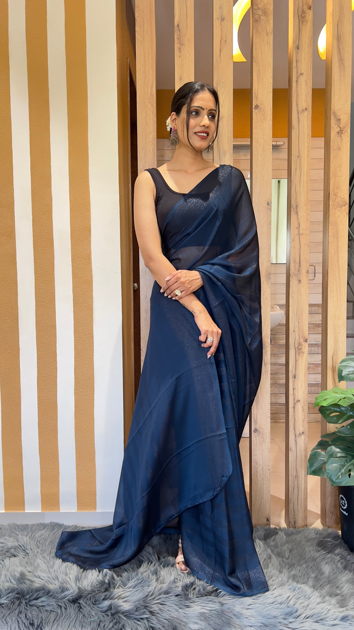 Blue Color Nylone Rimzim Saree With Beautiful Blouse