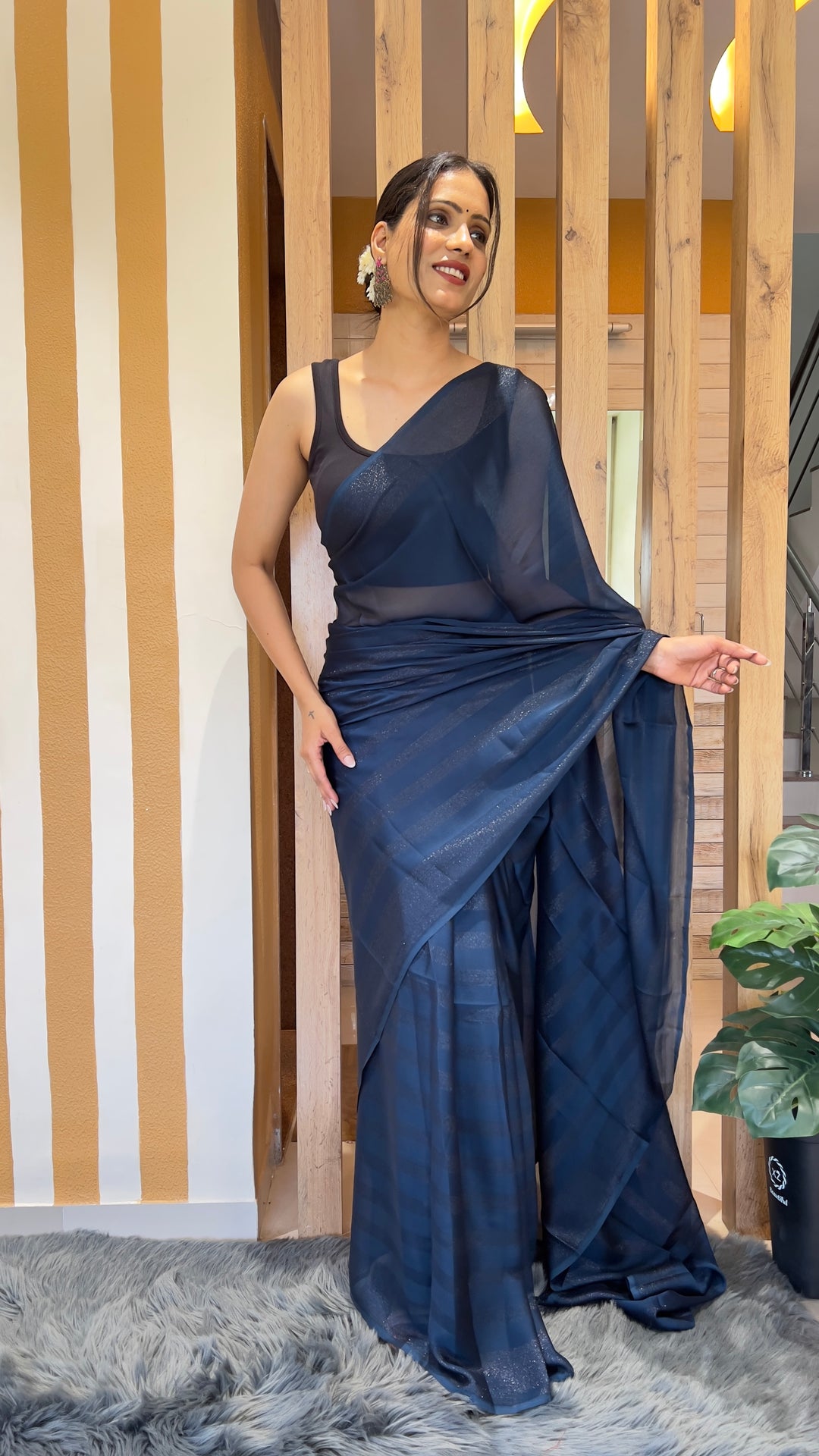 Blue Color Nylone Rimzim Saree With Beautiful Blouse