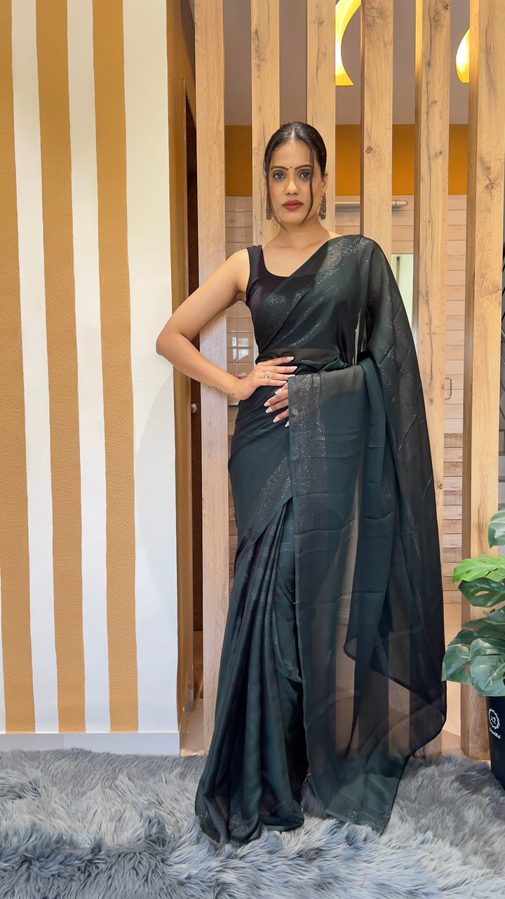 Dark Green Color Nylone Rimzim Saree With Beautiful Blouse