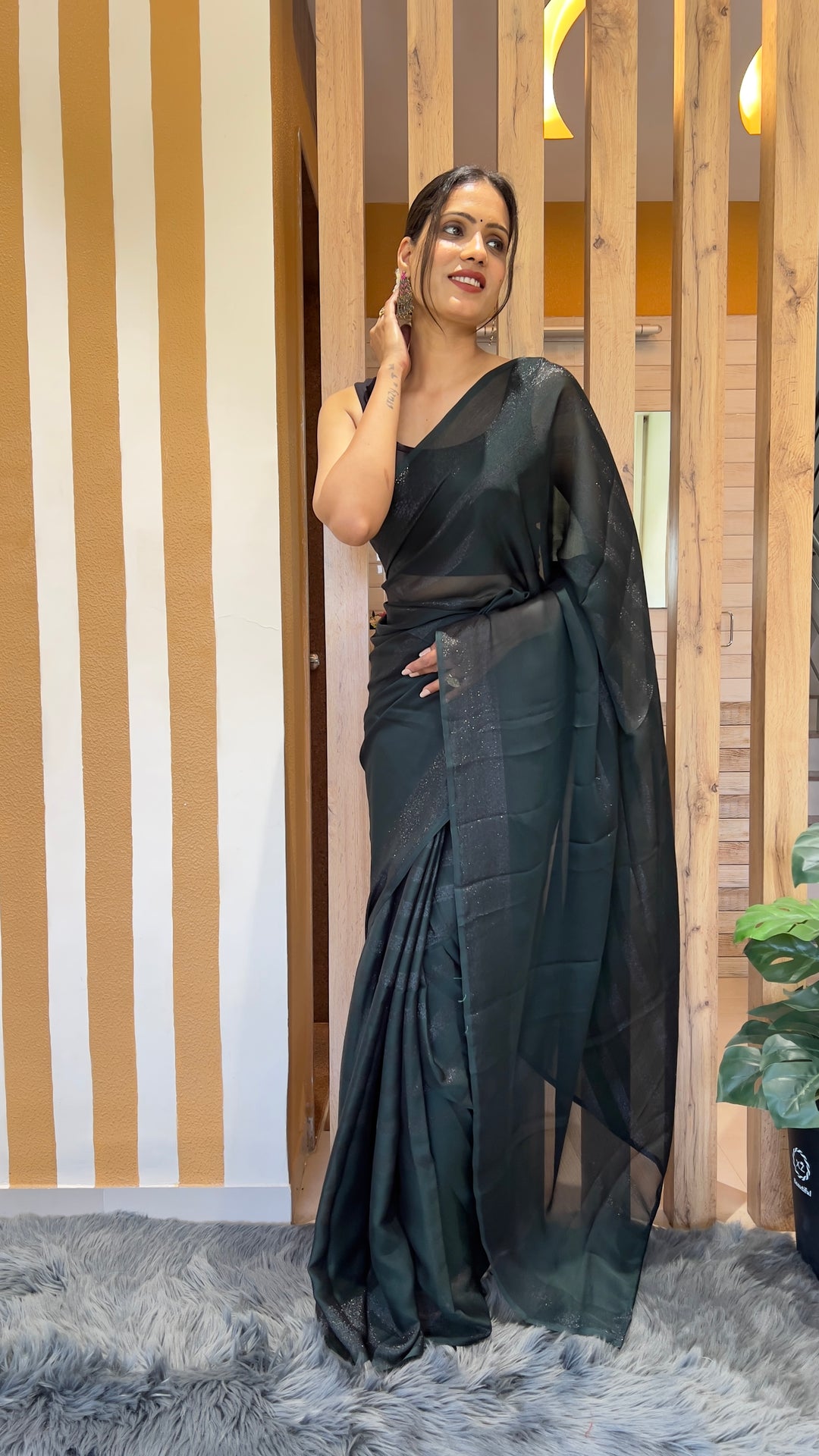 Dark Green Color Nylone Rimzim Saree With Beautiful Blouse