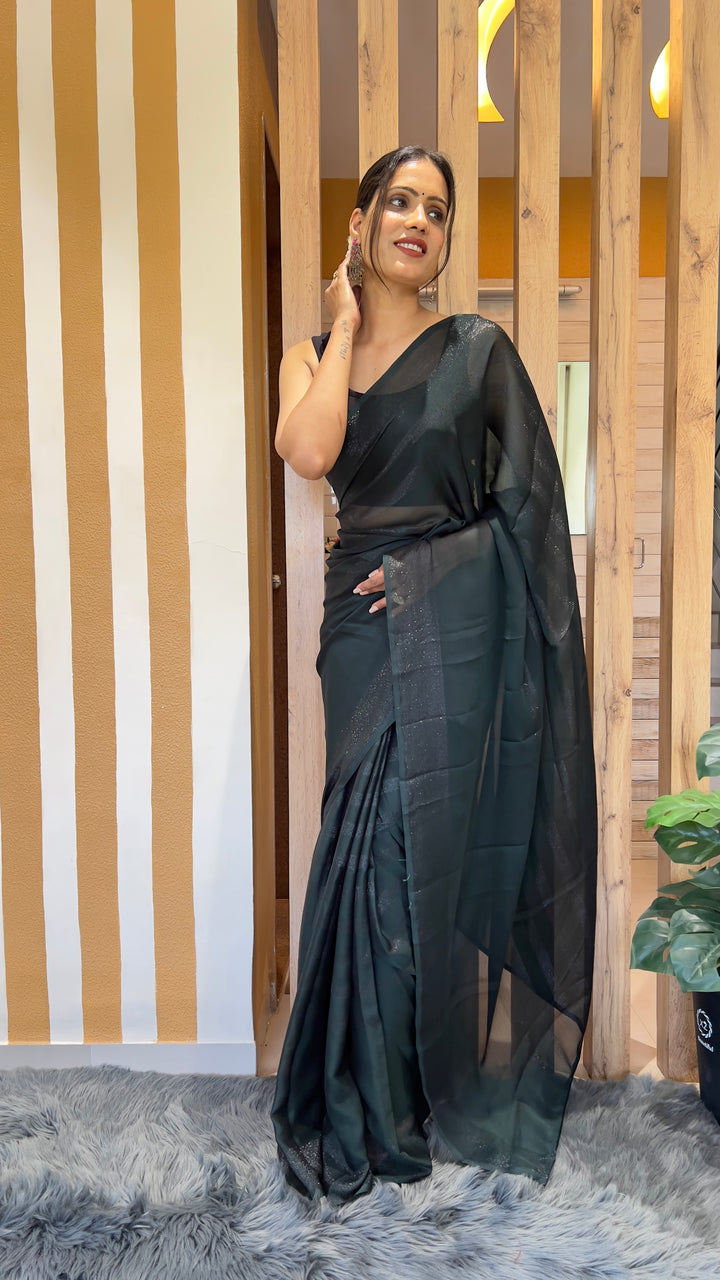 Dark Green Color Nylone Rimzim Saree With Beautiful Blouse
