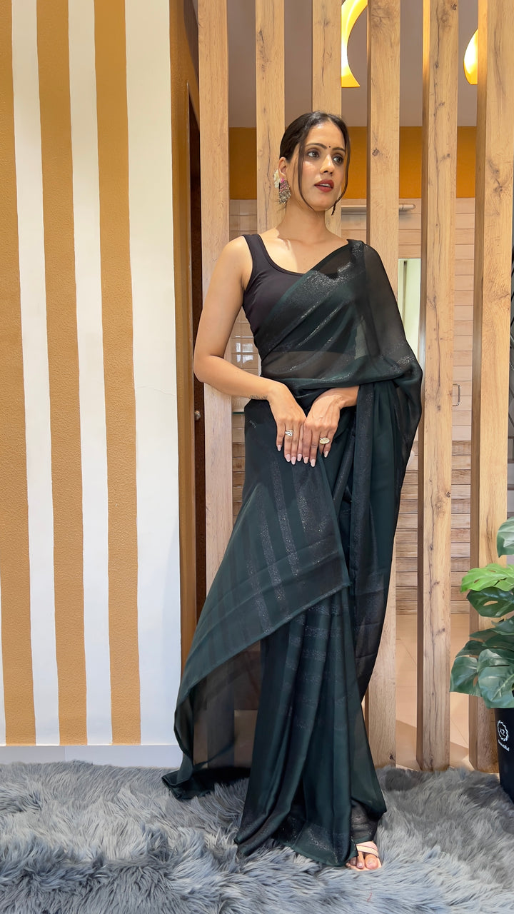 Dark Green Color Nylone Rimzim Saree With Beautiful Blouse