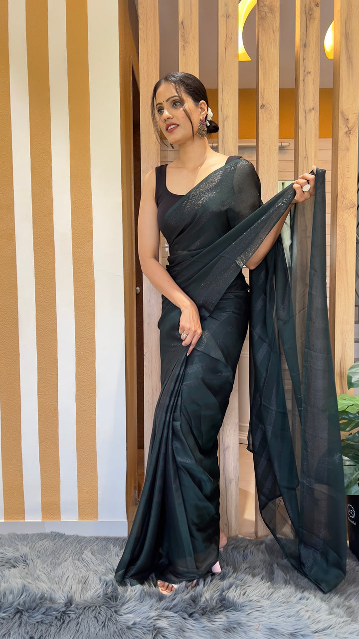 Dark Green Color Nylone Rimzim Saree With Beautiful Blouse