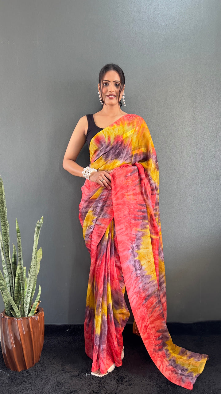 Red And Yellow Color Georgette Saree With Beautiful Blouse