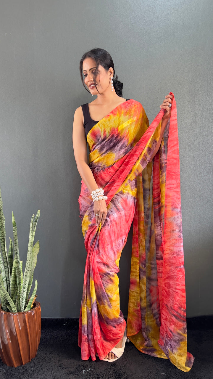 Red And Yellow Color Georgette Saree With Beautiful Blouse