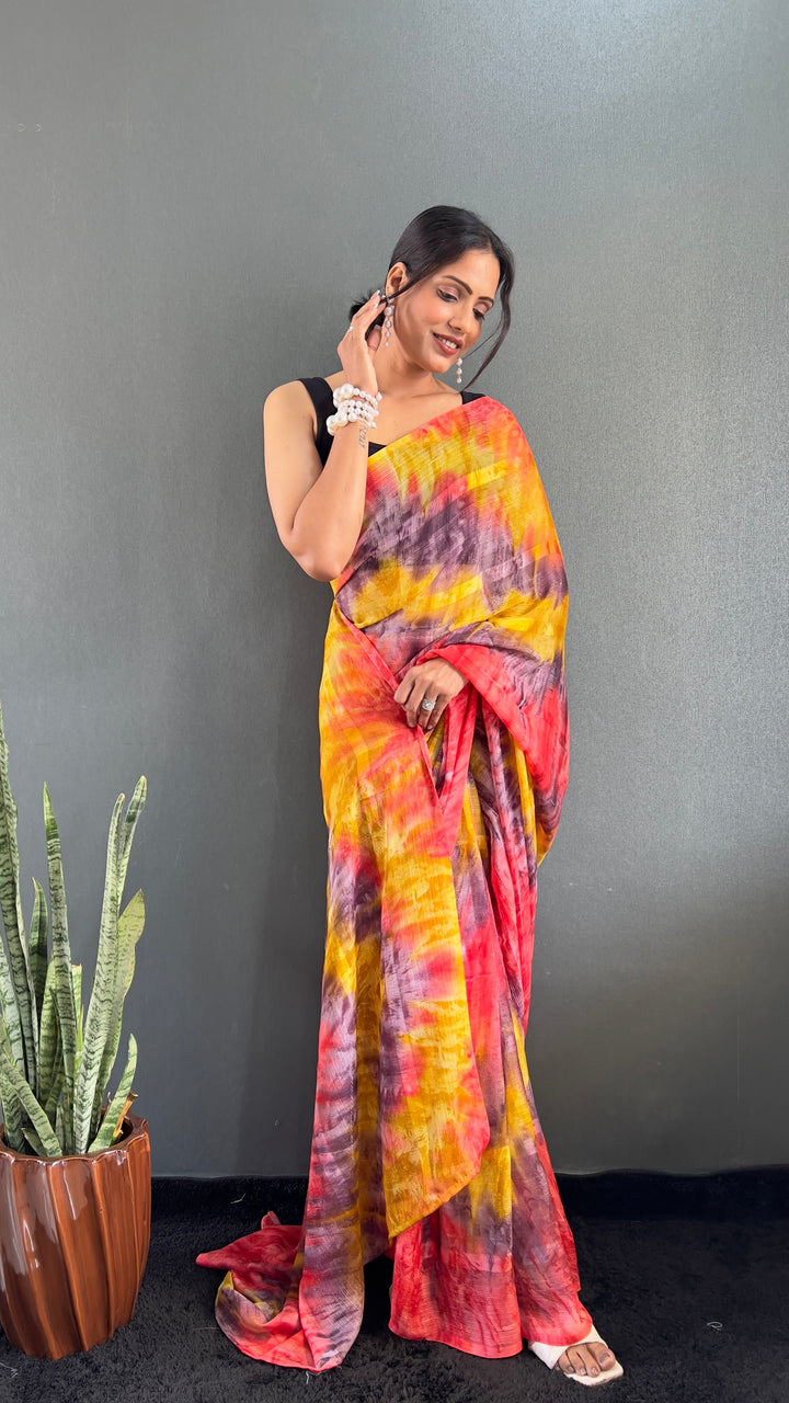 Red And Yellow Color Georgette Saree With Beautiful Blouse