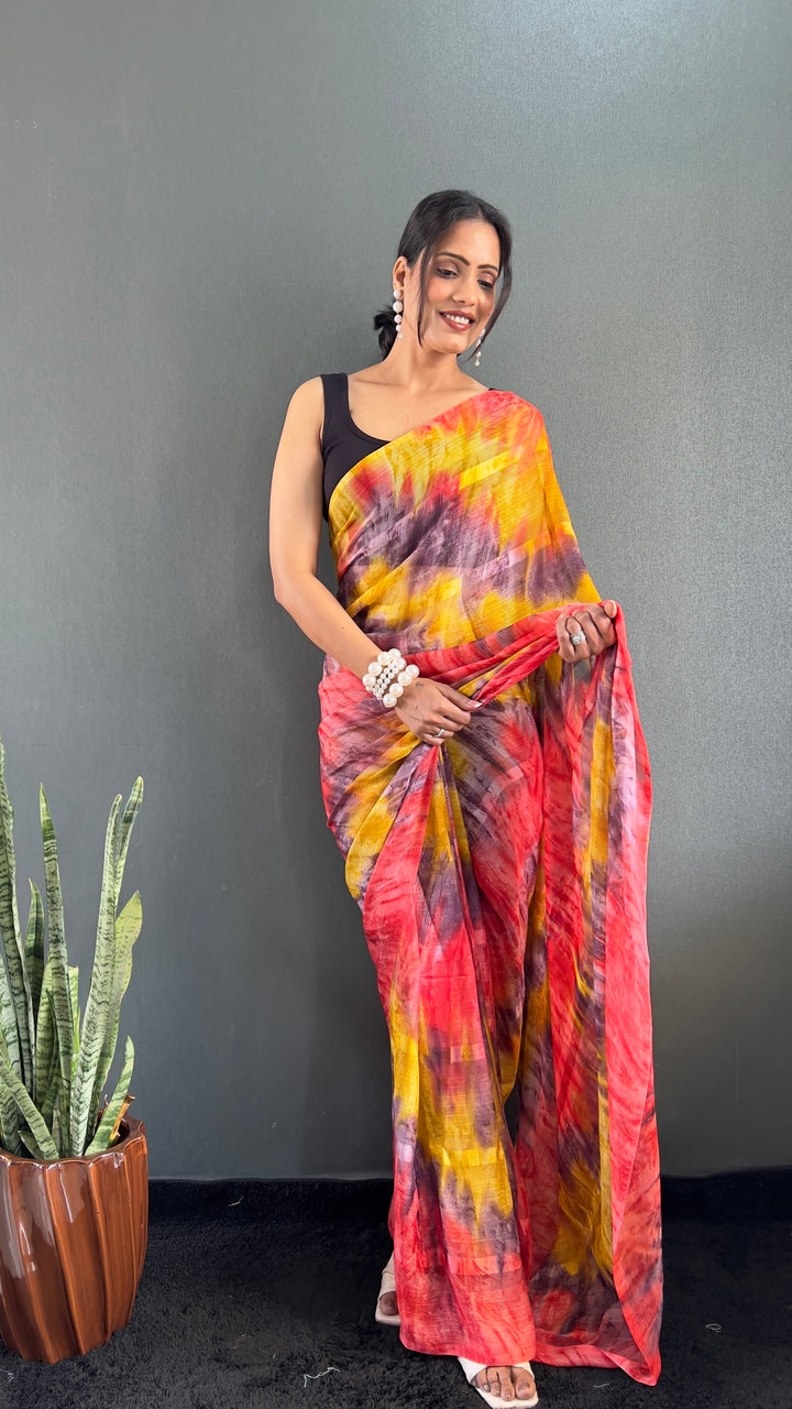 Red And Yellow Color Georgette Saree With Beautiful Blouse
