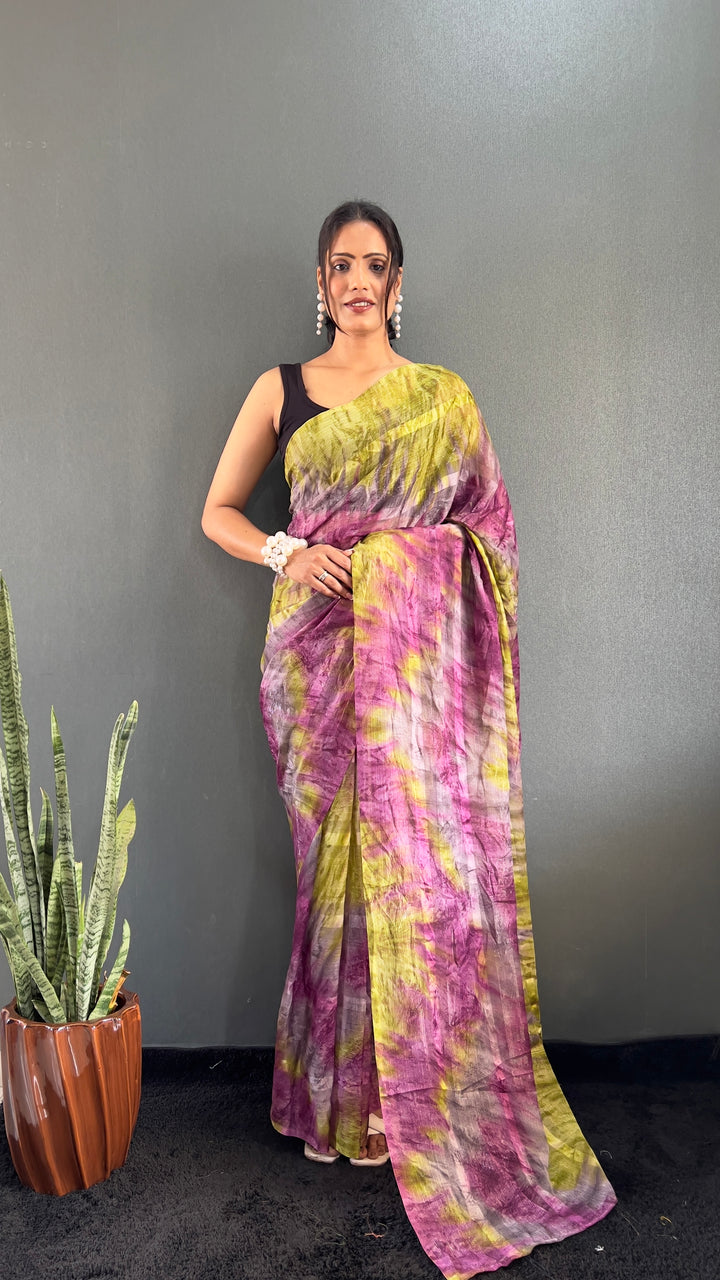 Purple And Green Color Georgette Saree With Beautiful Blouse