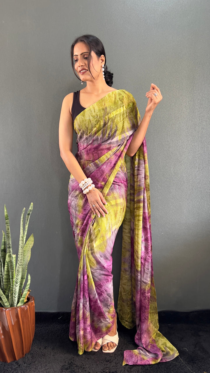 Purple And Green Color Georgette Saree With Beautiful Blouse