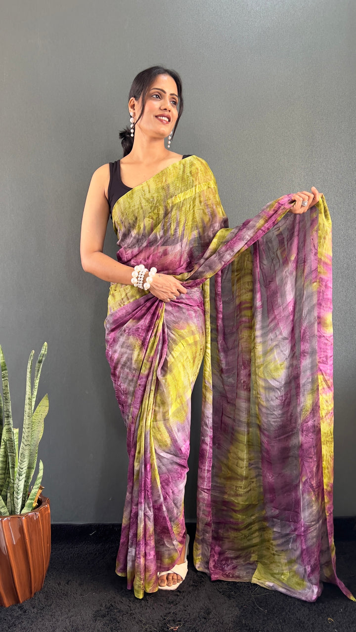 Purple And Green Color Georgette Saree With Beautiful Blouse