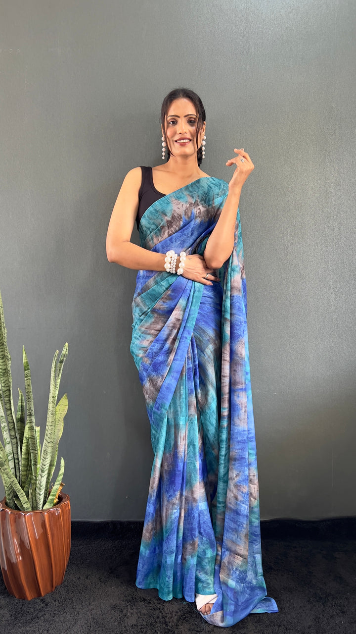 Sky Blue Color Georgette Saree With Beautiful Blouse