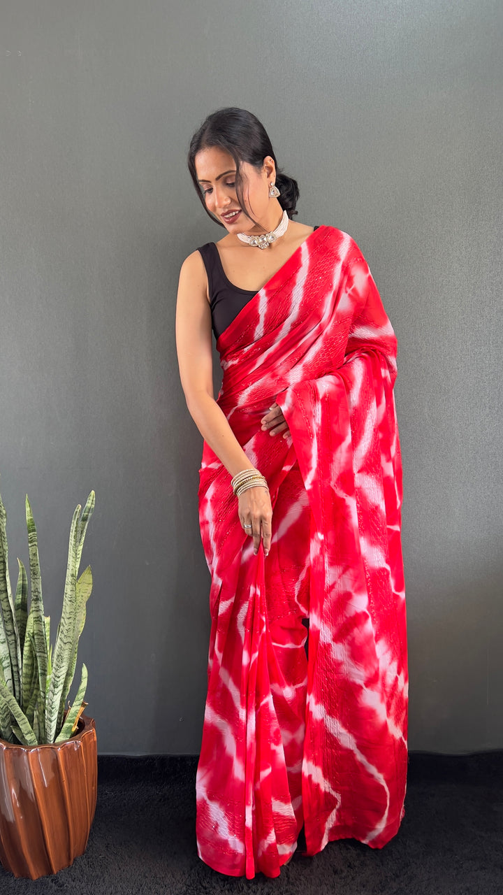 Red Color Georgette Saree With Beautiful Blouse