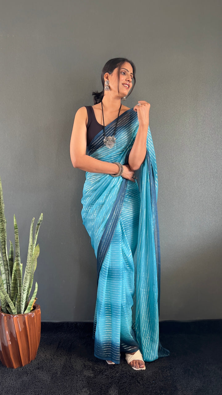 Sky Blue Color Georgette Saree With Beautiful Blouse