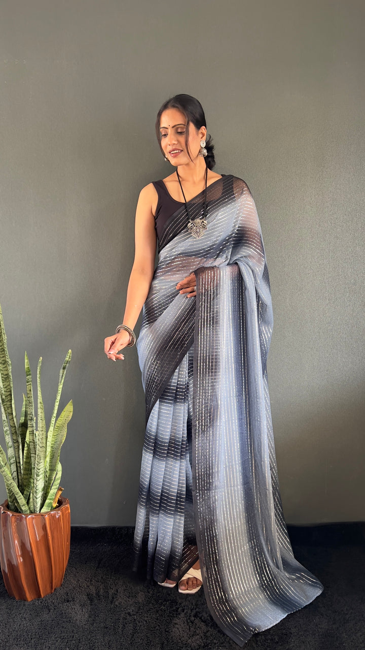 Black-Gray Color Georgette Saree With Beautiful Blouse
