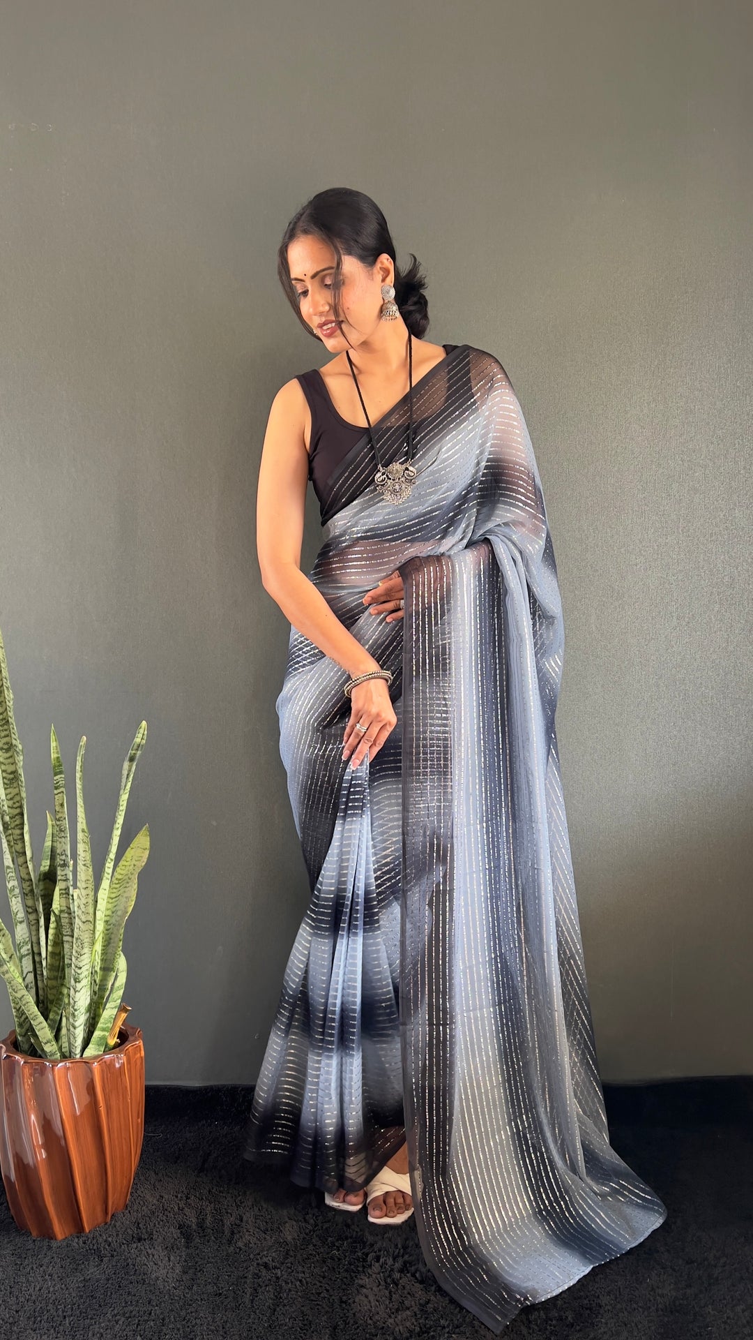 Black-Gray Color Georgette Saree With Beautiful Blouse