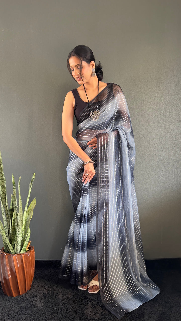 Black-Gray Color Georgette Saree With Beautiful Blouse