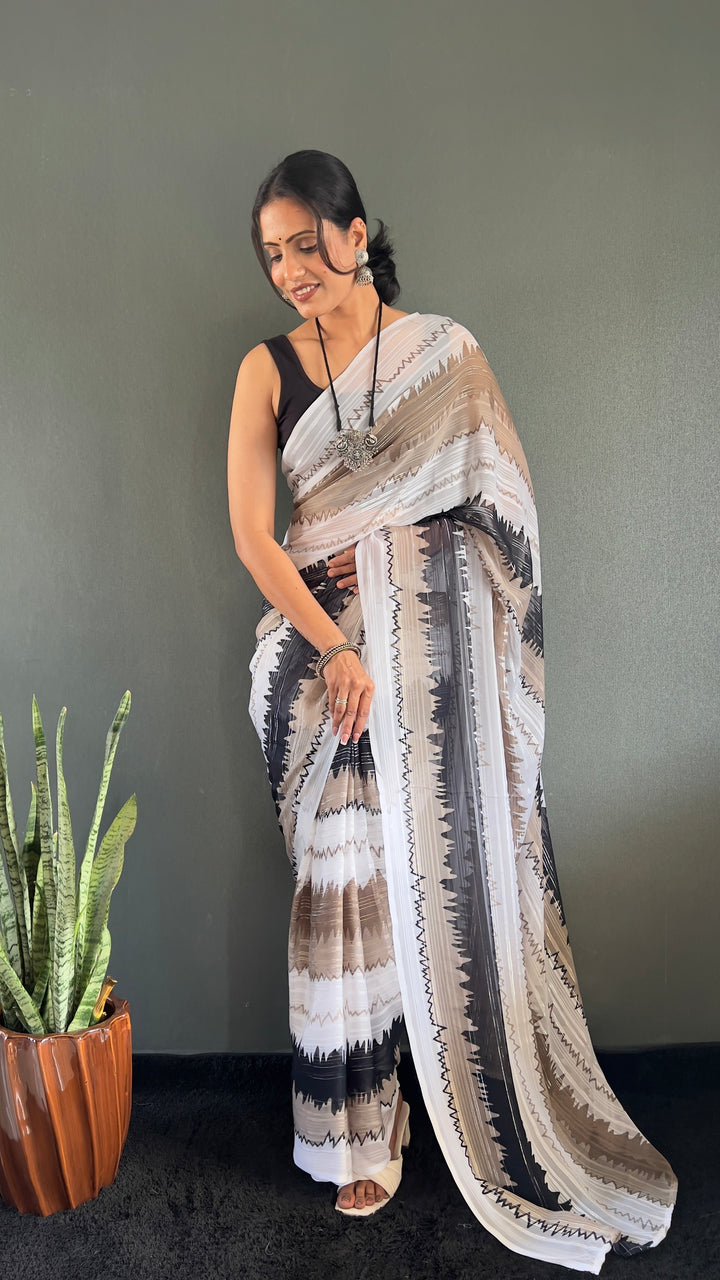 White-Black Color Naylone Saree With Beautiful Blouse