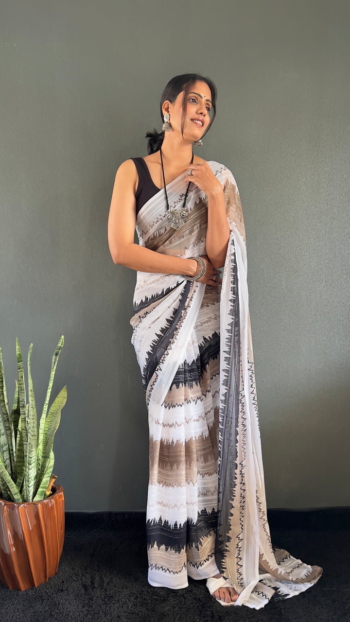 White-Black Color Naylone Saree With Beautiful Blouse
